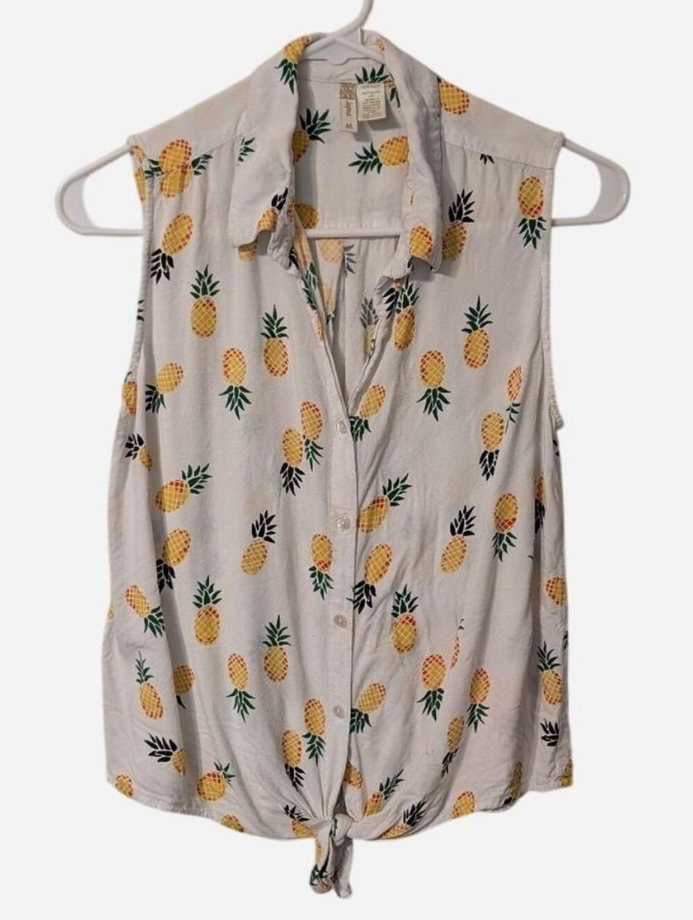 Japna Pineapple White & Yellow Tie-Front Cropped Sleeveless Short, Size M